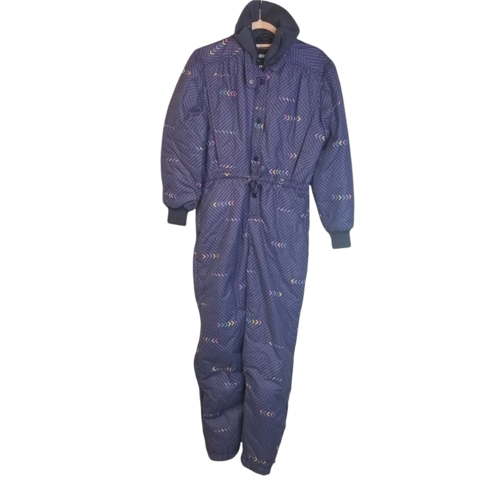 Vtg 80s purple geo print snow ski suit